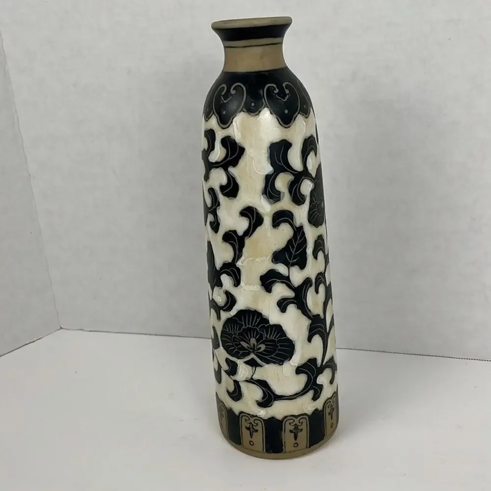 Pottery Vase Floral Vine Black White Tan 12 Inch Decor